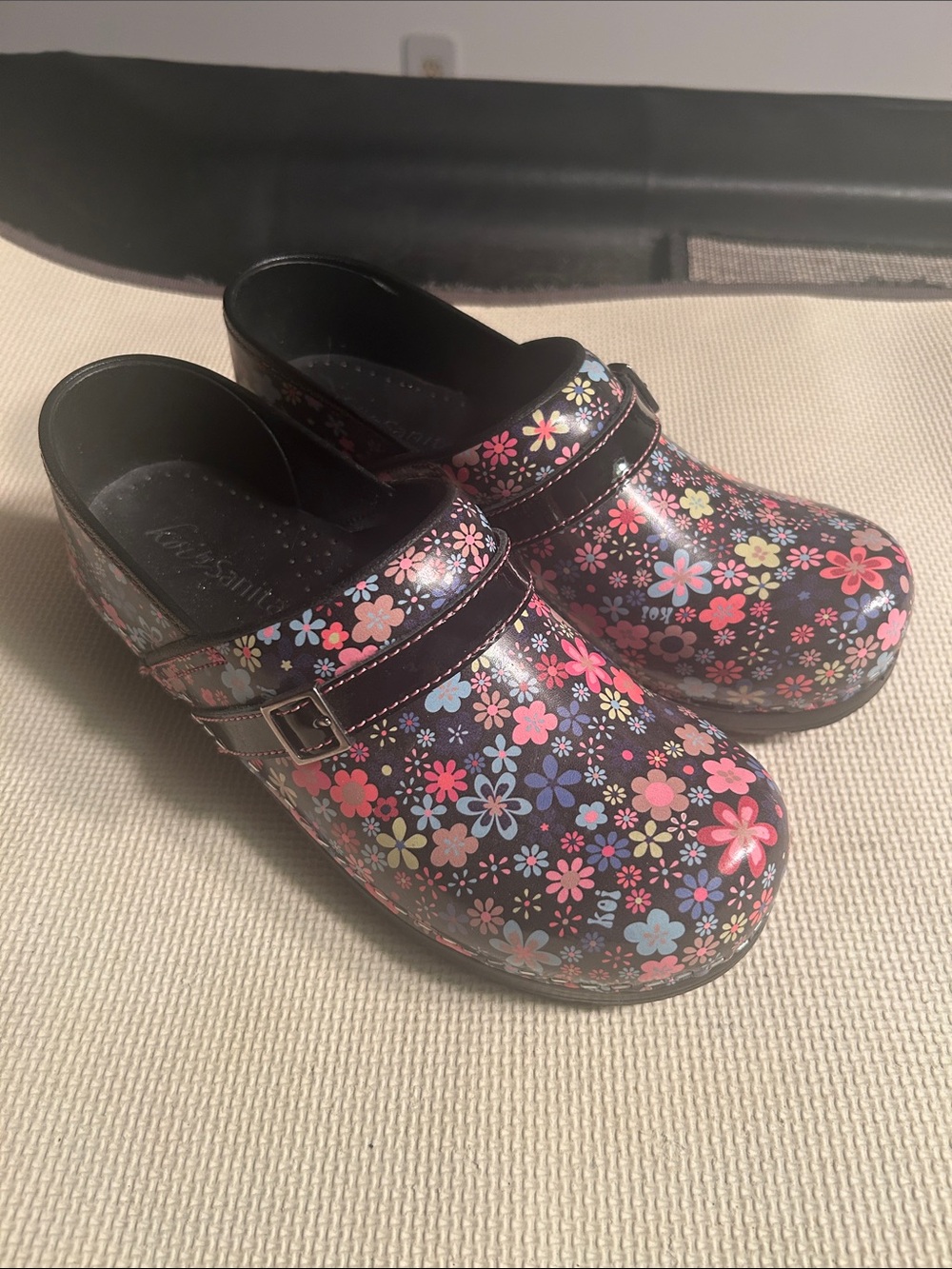 Sanita Black Floral Patent Clogs with Pink & Blue Flowers